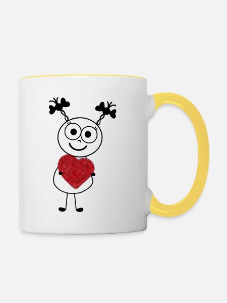 Süßes Strichmännchen mit Plüschherz von SueLYSue - Tasse zweifarbig - Weiß/Gelb