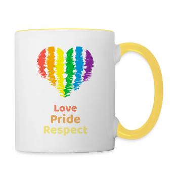 Liebe Stolz Respekt. Regenbogenherz für Oslo - Tasse zweifarbig - Weiß/Gelb - Rechts