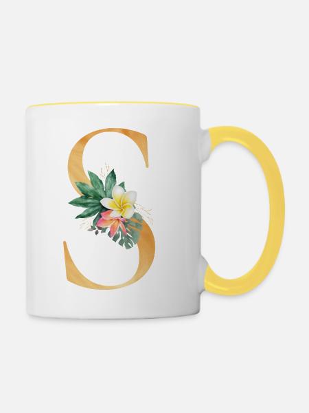 Personalisierbar Monogramm S Tropisch Botanik - Tasse zweifarbig - Weiß/Gelb