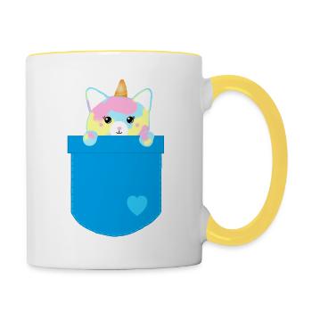 Taschenkatze blau - Tasse zweifarbig - Weiß/Gelb - Rechts