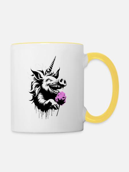 Schweinhorn mit Zuckerwatte - Tasse zweifarbig - Weiß/Gelb