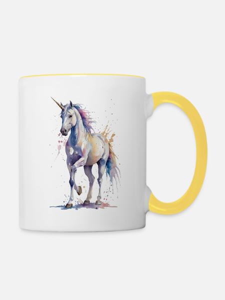 Ätherisches Einhorn - Aquarell - Tasse zweifarbig - Weiß/Gelb