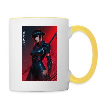 Red Wired Cyberpunk Samurai mit Katana - Tasse zweifarbig - Weiß/Gelb - Rechts