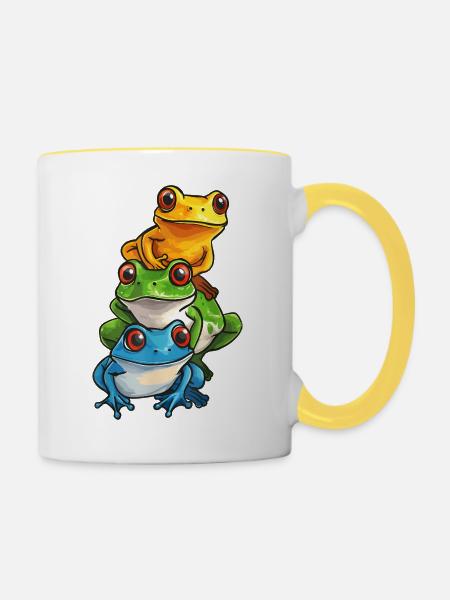 Gestapelte Frösche Cartoon-Design - Tasse zweifarbig - Weiß/Gelb