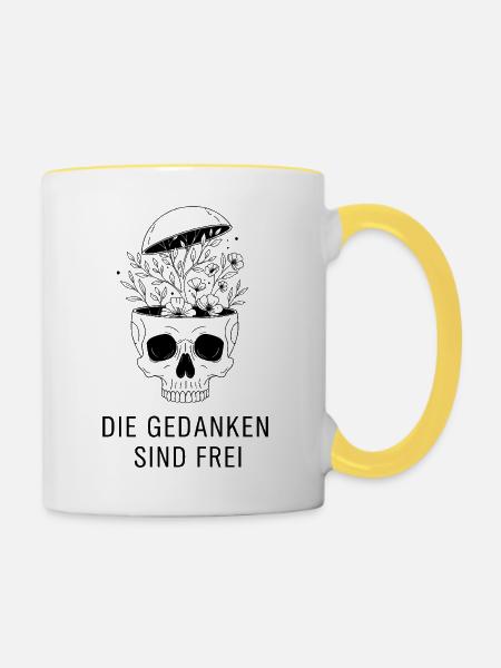 Blumen Totenschädel - Gedanken sind Frei - Tasse zweifarbig - Weiß/Gelb