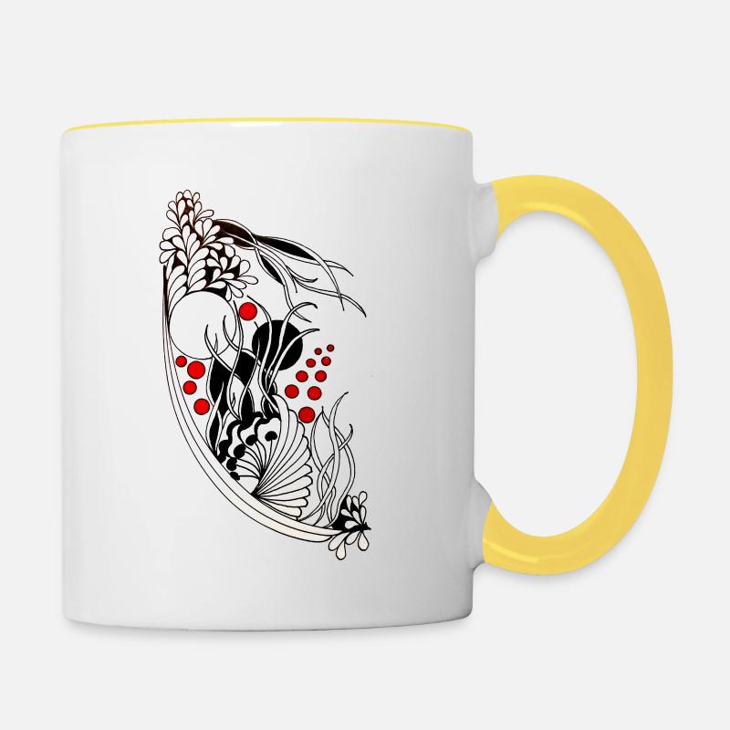 Accents ondulés de feuilles noires et blanches - Mug contrasté - blanc/jaune