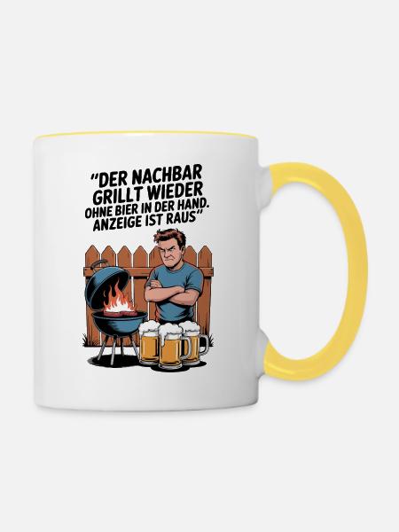 Grillwitz Biermotiv Nachbar Illustration - Tasse zweifarbig - Weiß/Gelb