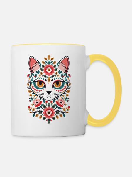 Katzengesicht im Blumenreich - Tasse zweifarbig - Weiß/Gelb