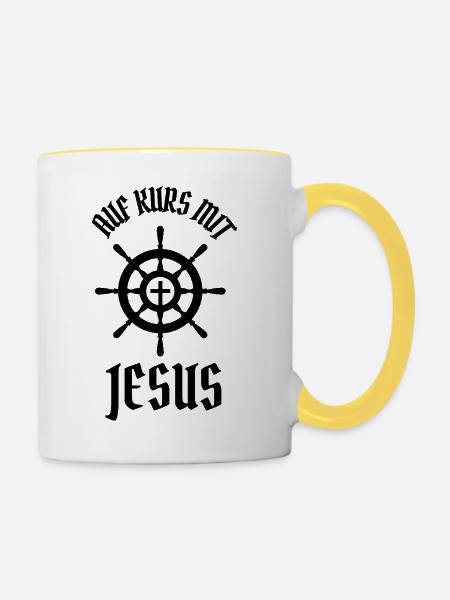 Auf Kurs mit Jesus - Tasse zweifarbig - Weiß/Gelb