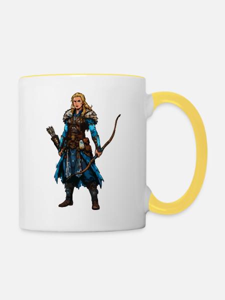 Wikinger Kriegerin mit Bogen & Fellumhang - Tasse zweifarbig - Weiß/Gelb