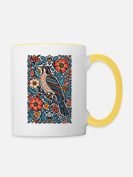 Gotische Whimsigoth-Raben-Krähe-Blumenvogelkunst - Tasse zweifarbig - Weiß/Gelb