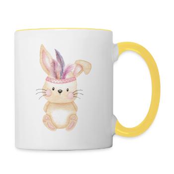 Boho Lapin Indien avec des plumes - Mug contrasté - blanc/jaune - Droite