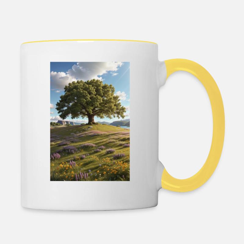 Arbre, prairie de fleurs sauvages - Mug contrasté - blanc/jaune