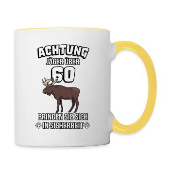 60. Geburtstag Jäger über 60 Jagdgebiet - Tasse zweifarbig - Weiß/Gelb - Rechts