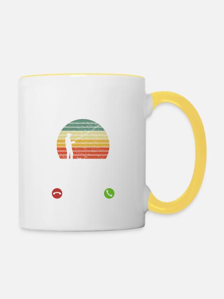Die Fische rufen an - ich muss los - Spruch - Tasse zweifarbig - Weiß/Gelb