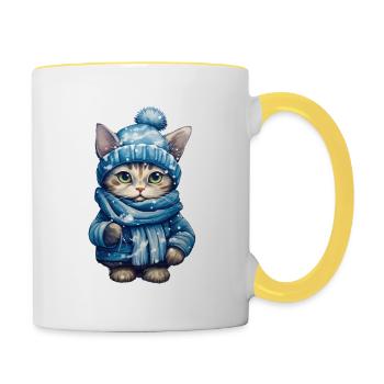 Chat avec chapeau, écharpe et veste - Mug contrasté - blanc/jaune - Droite