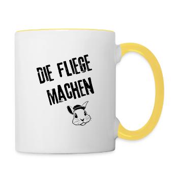 Fliegenes Design | Redewendung - Tasse zweifarbig - Weiß/Gelb - Rechts