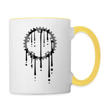 tropfen spritzer oel klecks farbe fahrrad zahnrad - Tasse zweifarbig - Weiß/Gelb - Rechts