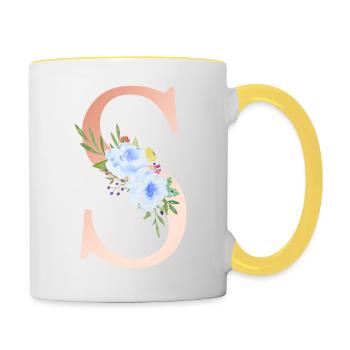 Customizable Monogram S Floral Blue Peach - Contrasting Mug - white/yellow - Right