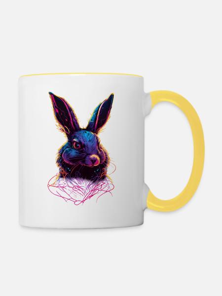 Hase Synthwave 80 s Geschenk - Tasse zweifarbig - Weiß/Gelb