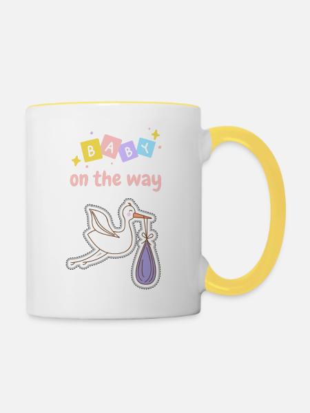 Bébé en route avec cigogne 3 - rose - Mug contrasté - blanc/jaune