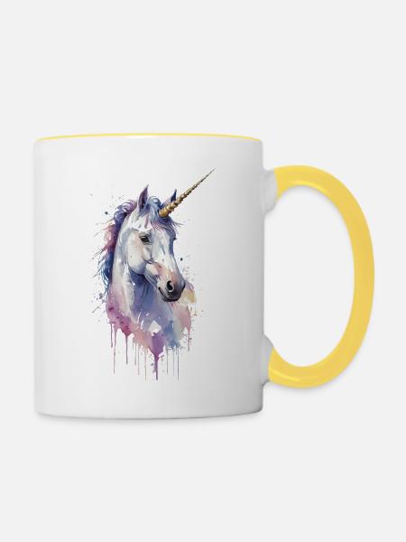 Ätherisches Einhorn - Aquarell - Tasse zweifarbig - Weiß/Gelb