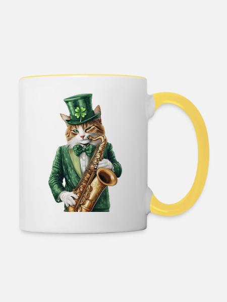 Katze - Tasse zweifarbig - Weiß/Gelb