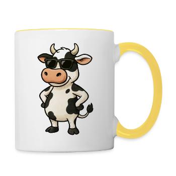 Cooler Kuh-Karikatur mit Sonnenbrille - Tasse zweifarbig - Weiß/Gelb - Rechts