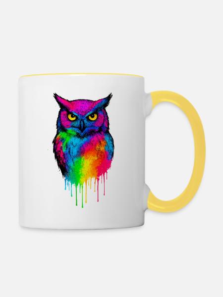 Leuchtende Farb-Eulenkunst - Tasse zweifarbig - Weiß/Gelb