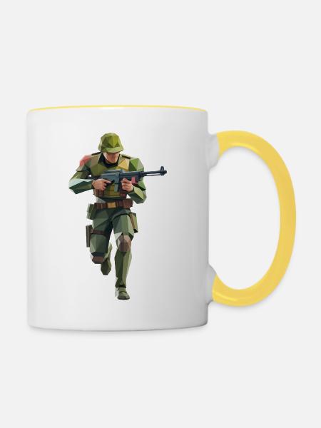 Army Soldier - Cooles Low-Poly-Logo - Tasse zweifarbig - Weiß/Gelb