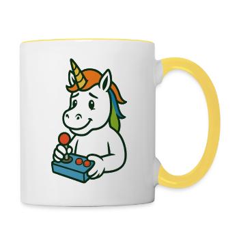 Niedliches Einhorn-Gamer-Maskottchen mit Joystick - Tasse zweifarbig - Weiß/Gelb - Rechts