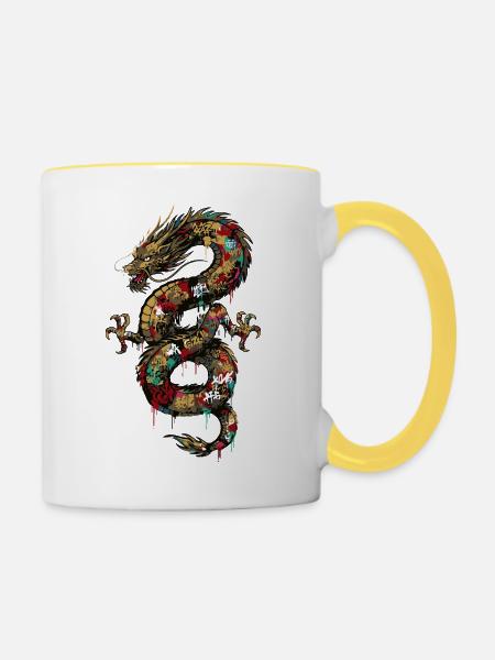 Graffiti Drache Streetart Tattoo Kunst - Tasse zweifarbig - Weiß/Gelb