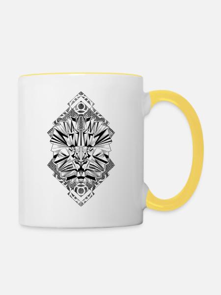 Schwarz-Weißer geometrischer Löwe - Tasse zweifarbig - Weiß/Gelb