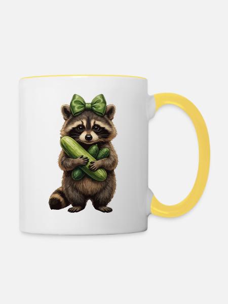 Waschbär mit Gurkenfreude - Tasse zweifarbig - Weiß/Gelb