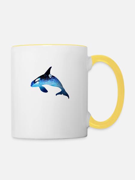 wal,blau,fisch,malerei,kunst,blau,meer - Tasse zweifarbig - Weiß/Gelb