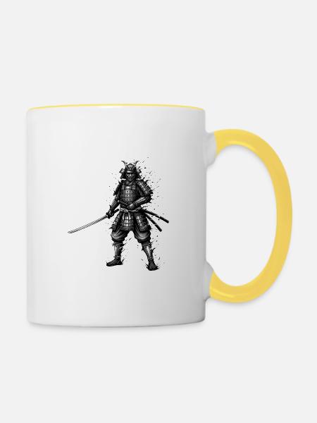 Schwarzweiß Samurai Katana - Tasse zweifarbig - Weiß/Gelb