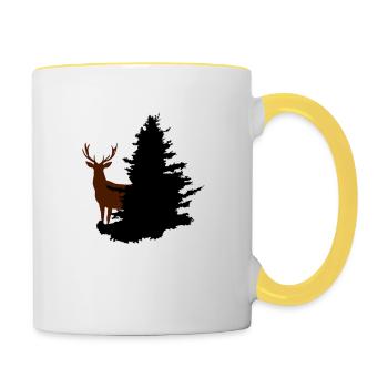 Hirsch im Wald, Baum, Wild - Tasse zweifarbig - Weiß/Gelb - Rechts