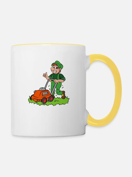Gärtner mit Rasenmäher - Tasse zweifarbig - Weiß/Gelb