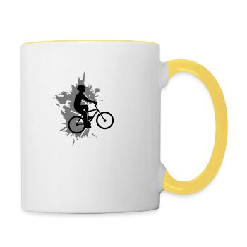 klecks tropfen spritzer farbe fahrrad fahren silho - Tasse zweifarbig - Weiß/Gelb - Rechts