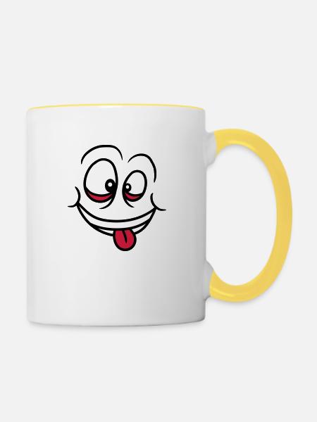 verruecktes gesicht augen mund zunge lustig grimas - Tasse zweifarbig - Weiß/Gelb