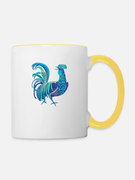 blauer Hahn - Tasse zweifarbig - Weiß/Gelb