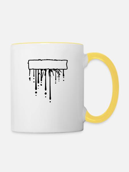 Text Feld Schild Rahmen Tropfen Graffiti Spritzer - Tasse zweifarbig - Weiß/Gelb