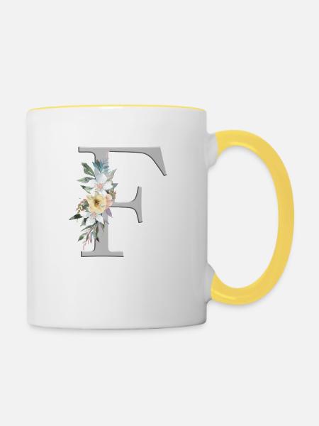 Personalisierbar Monogramm Watercolour Floral F - Tasse zweifarbig - Weiß/Gelb