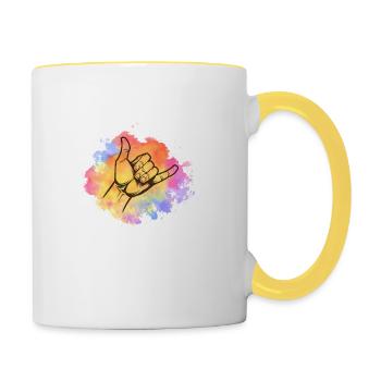 Shaka Gruß Handzeichen - Tasse zweifarbig - Weiß/Gelb - Rechts