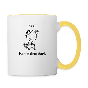 Hier kommt nicht die Katze aus dem Sack - Tasse zweifarbig - Weiß/Gelb - Rechts