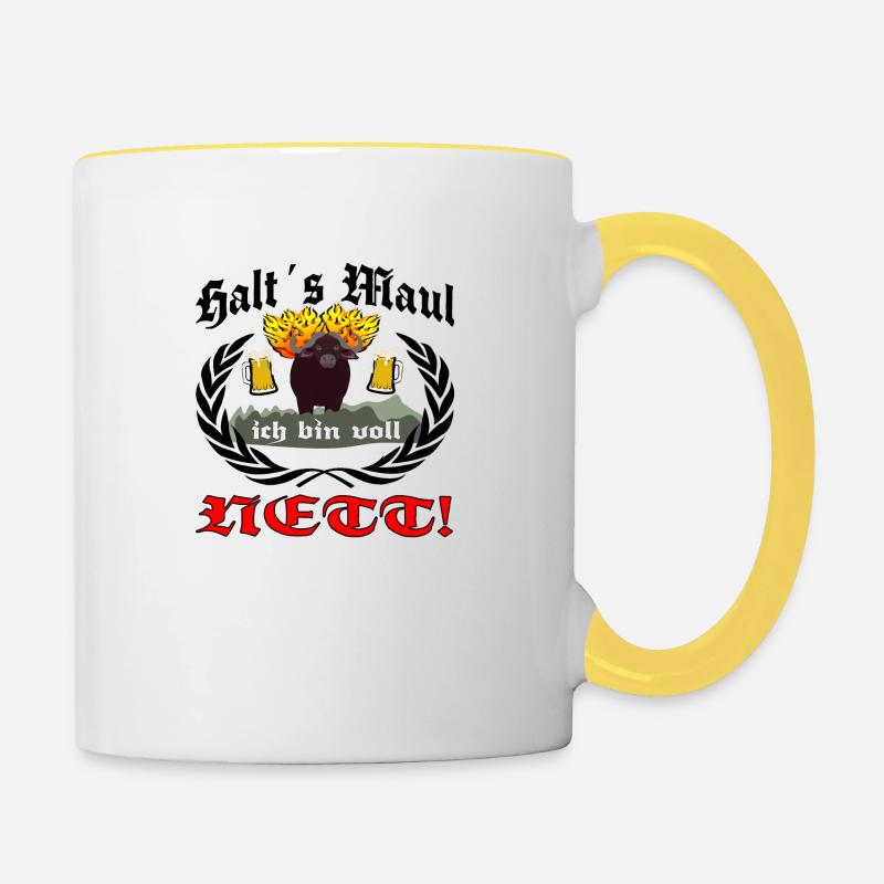 Halts Maul ich bin voll Nett mit feurigen Büffel - Tasse zweifarbig - Weiß/Gelb
