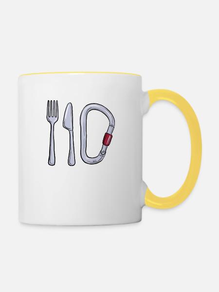Messer, Gabel, Karabiner - Tasse zweifarbig - Weiß/Gelb