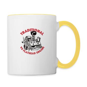V8 Flathead Motor, Hot Rod, Motiv von mondwinkel - Tasse zweifarbig - Weiß/Gelb - Rechts