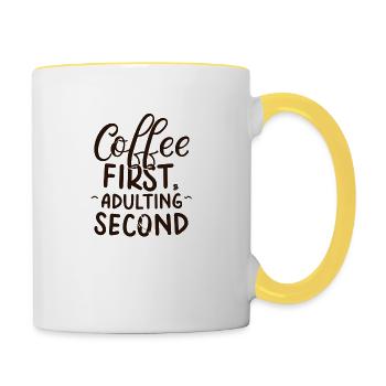 Coffee First T-Shirt - Für Kaffeeliebhaber - Tasse zweifarbig - Weiß/Gelb - Rechts