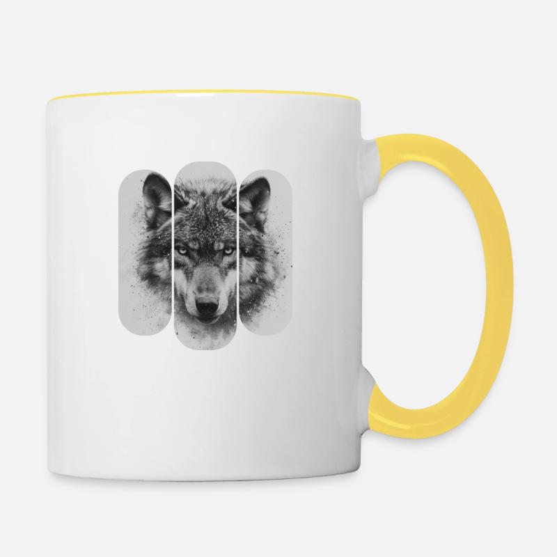 triptych Black and White Wolf - Contrasting Mug - white/yellow